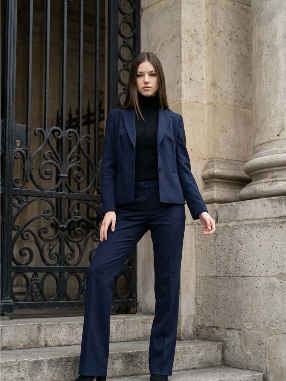 Le Suit Navy Tailored Pantsuit with Blazer